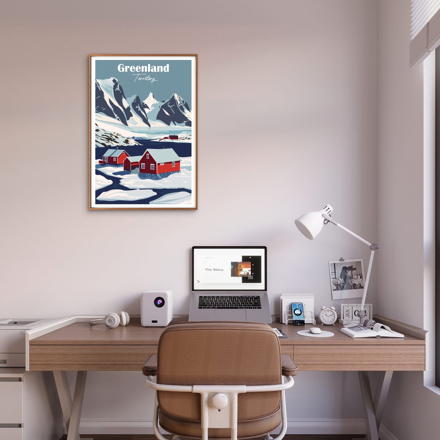 Greenland Snowy Mountain Arctic Red Village Travel Poster Print Wall Art