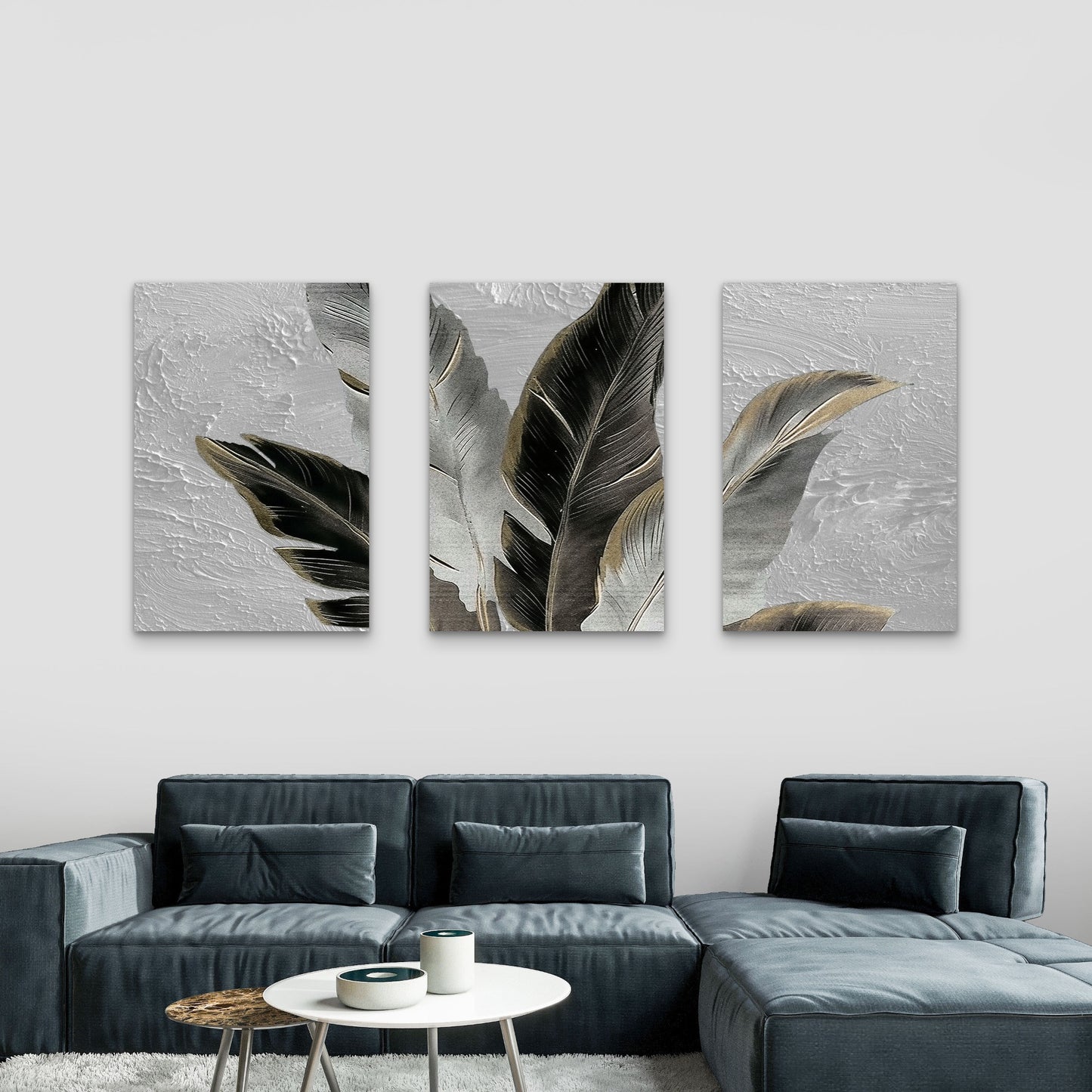 3pcs Modern Nordic Black and Gold Feathers Wall Art Set Canvas Framed 40x60cm - High Quality Print 100% Australian Made Wall Canvas Ready to Hang