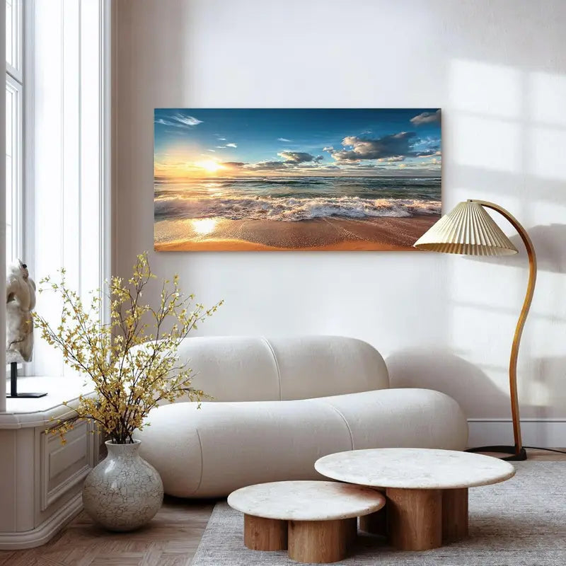 Beach Sunset Ocean Coastal White Clouds Wall Art canvas office home room framed 120x60cm - Bella Home Decor