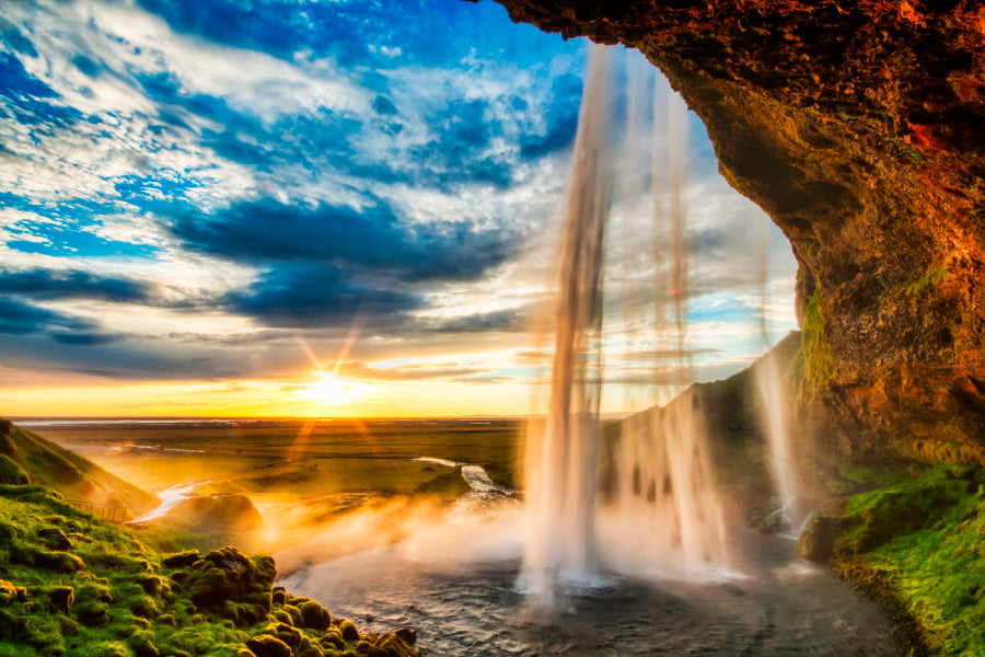 Seljalandfoss Waterfall At Sunset in Hdr, Iceland Acrylic Glass Print Tempered Glass Wall Art 100% Made in Australia Ready to Hang - Bella Home Decor