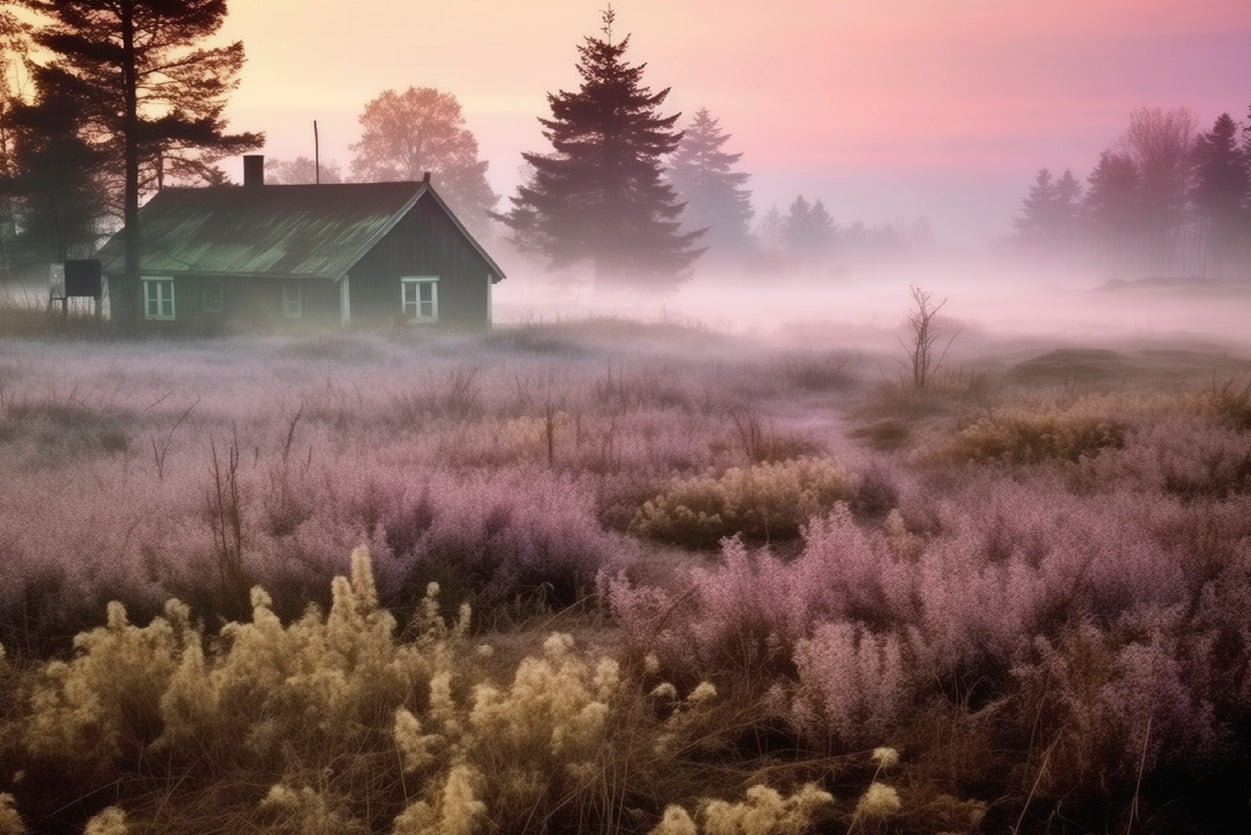 A House in a Field during Sunrise with Trees, Grass Home Decor Premium Quality Poster Print Choose Your Sizes - Bella Home Decor
