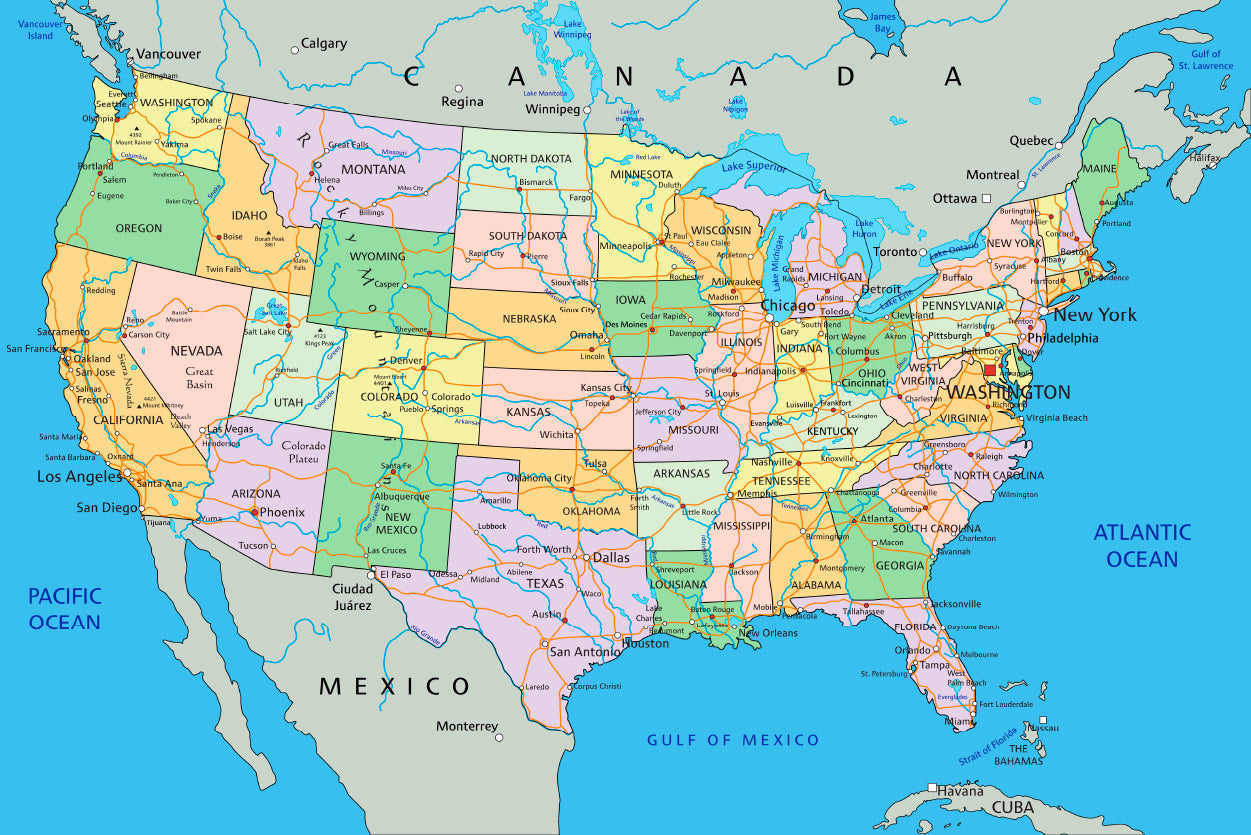 United States of America Political Map Home Decor Premium Quality Poster Print Choose Your Sizes - Bella Home Decor