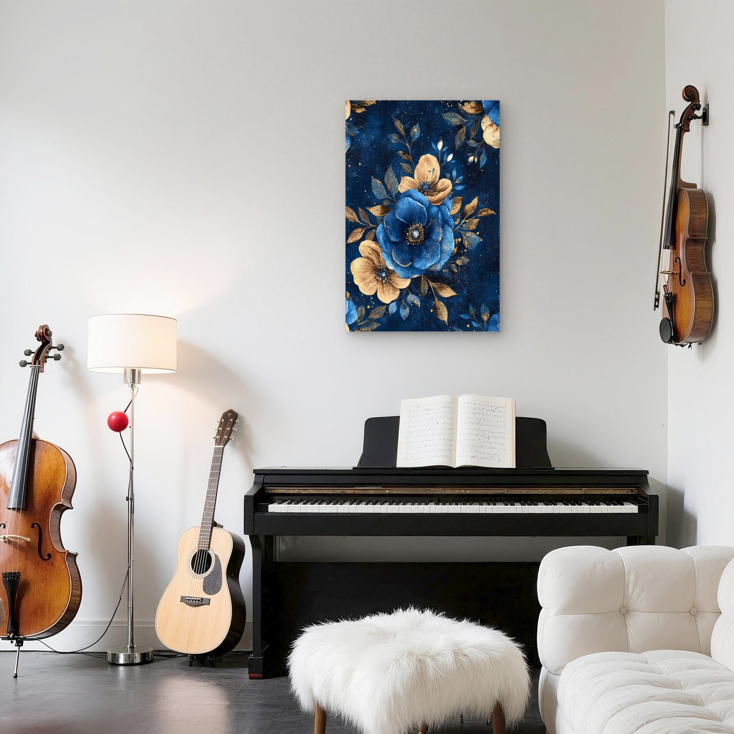 Navy Royal Blue Gold Flower Floral 40x60cm Metal Print Ready to Hang
