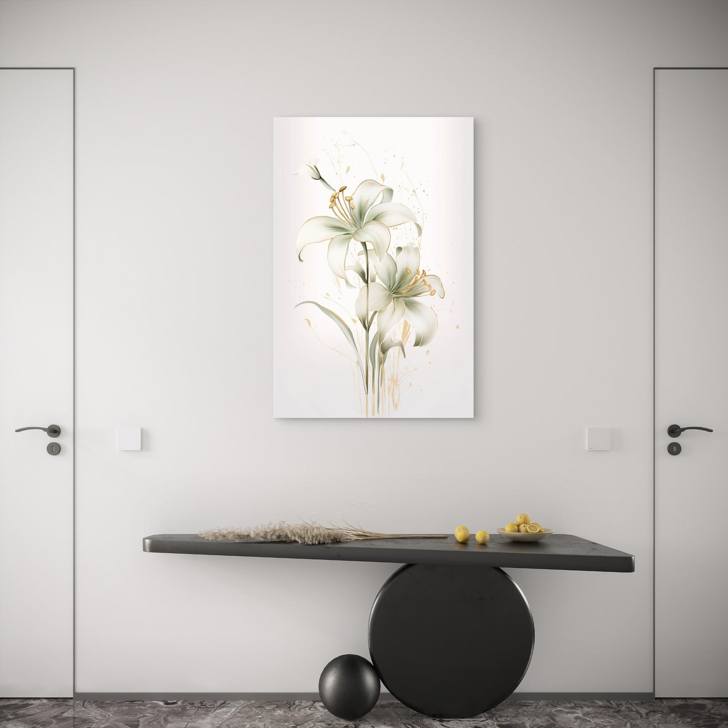 Abstract White Green Gold Lily Painting 40x60cm Metal Print Ready to Hang