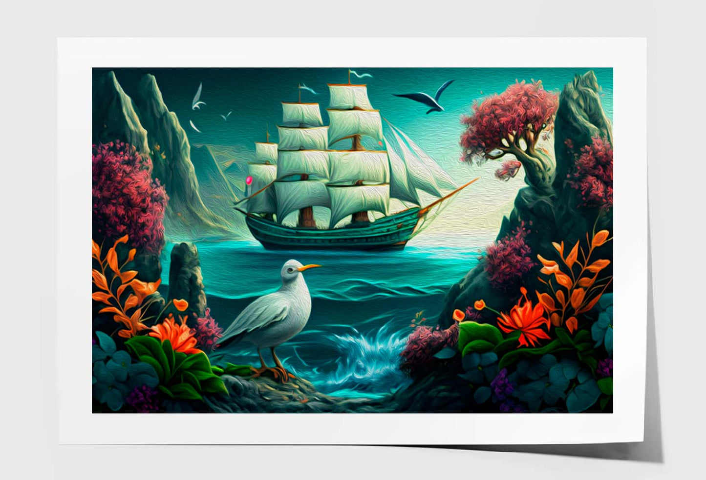 Sailing Boat in Sea and A Bird, Colorful Flowers Wall Art Limited Edition High Quality Print Unframed Roll Canvas None