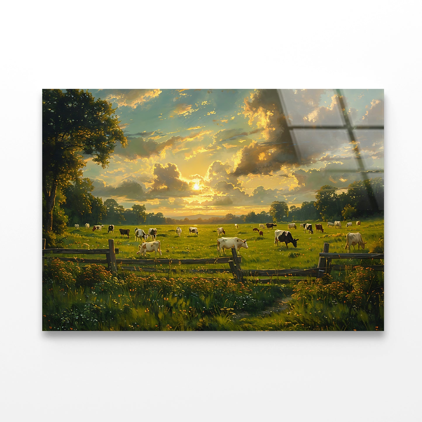 Herd of Cows Grazing In a Field under Cloudy Sky Acrylic Glass Print Tempered Glass Wall Art 100% Made in Australia Ready to Hang - Bella Home Decor