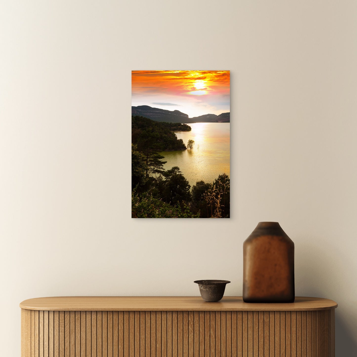 Golden Sunset Lake Reflection Forest 40x60cm Metal Print Ready to Hang
