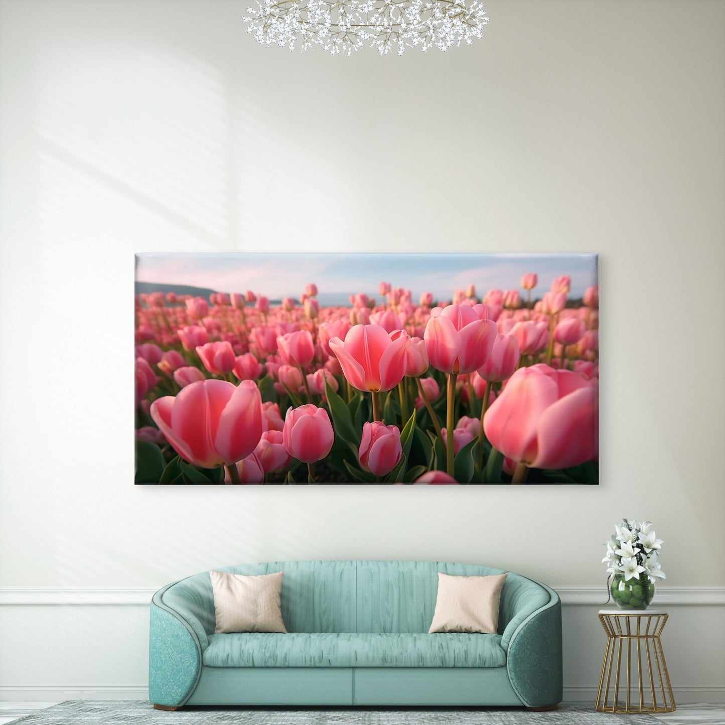 Pink Tulip Field Sunrise Wall Art Canvas Office Home Room Framed 120x60cm
