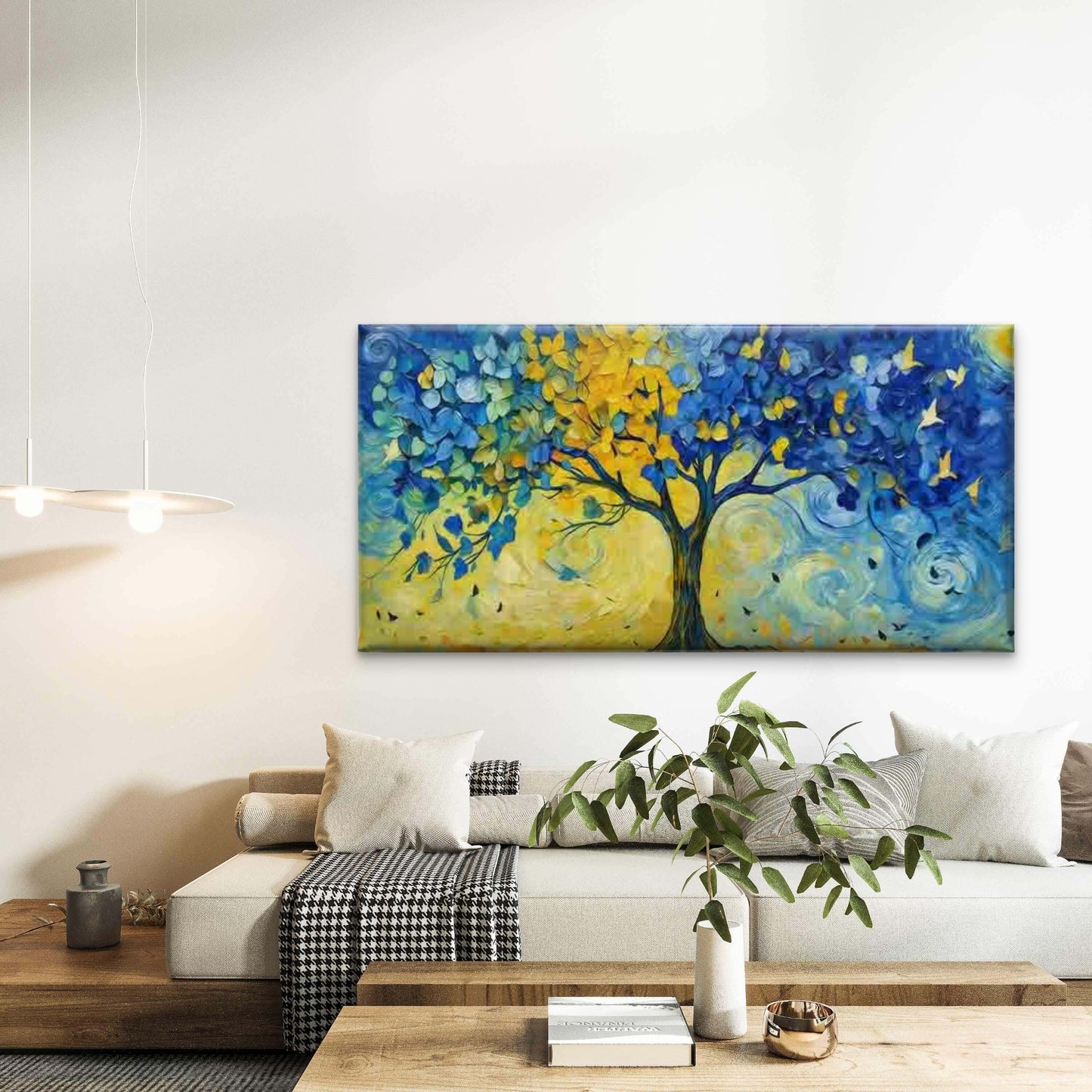 Blue & Yellow Abstract Tree Wall Art Canvas Office Home Room Framed 120x60cm