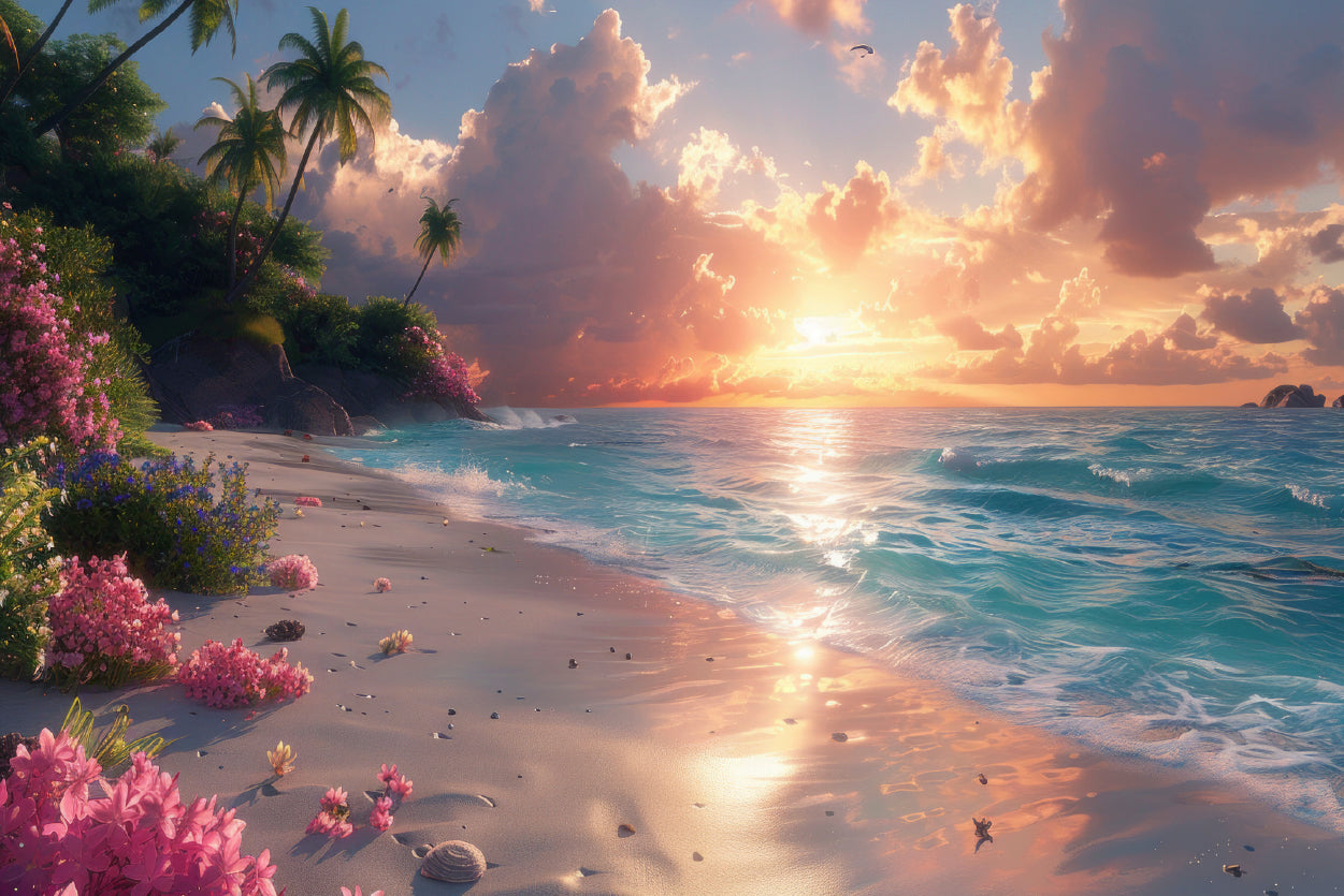 Sunny Beach with Pink Flowers & Tall Palm Trees Home Decor Premium Quality Poster Print Choose Your Sizes - Bella Home Decor