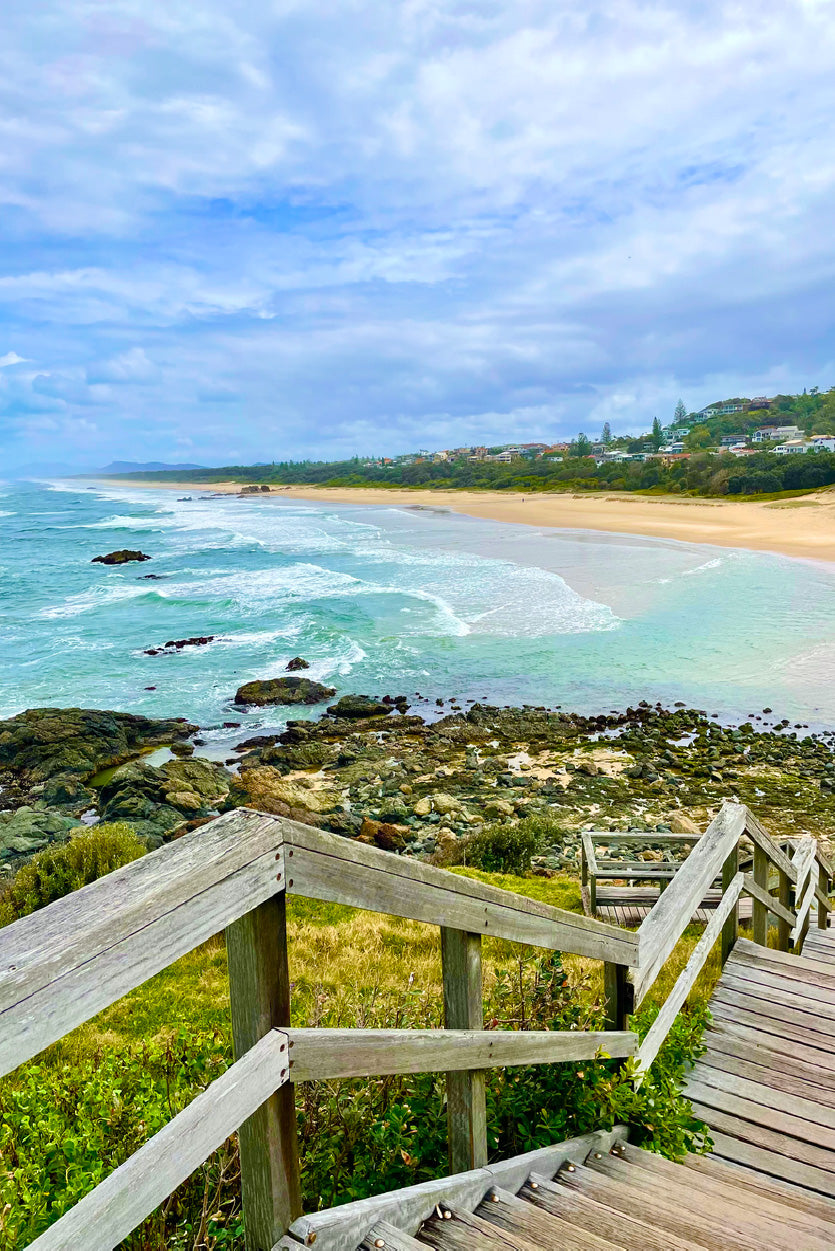Wooden Pier to Beach & Rocks Photograph Glass Framed Wall Art, Ready to Hang Quality Print