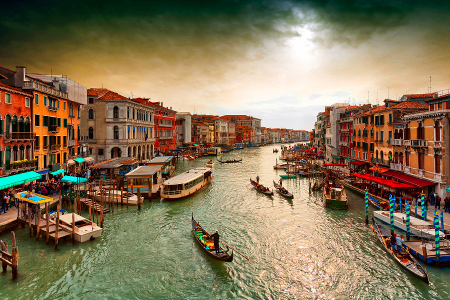 Boats And Gondolas on The Grand Canal of Venice, View from Bridge Rialto Acrylic Glass Print Tempered Glass Wall Art 100% Made in Australia Ready to Hang - Bella Home Decor