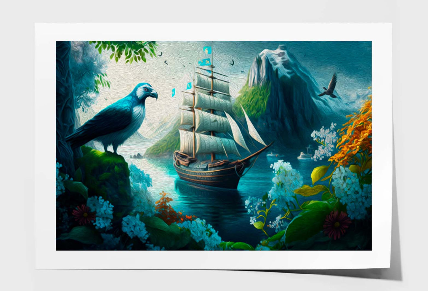 Sailing Boat in Sea and A Bird, Colorful Flowers, Mountain Wall Art Limited Edition High Quality Print Unframed Roll Canvas None