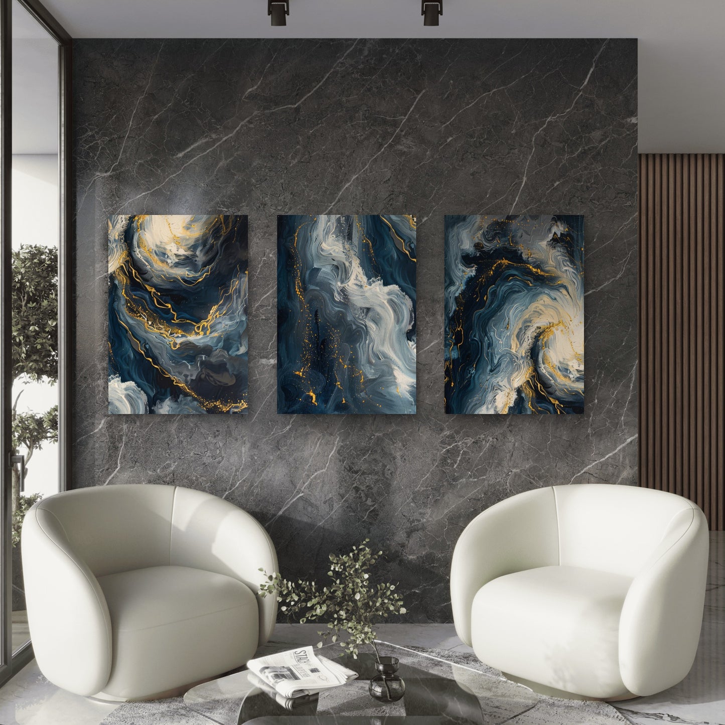 3pcs Modern Abstract Blue Gold Fluid Ocean Wall Art Set Canvas Framed 40x60cm - High Quality Print 100% Australian Made Wall Canvas Ready to Hang