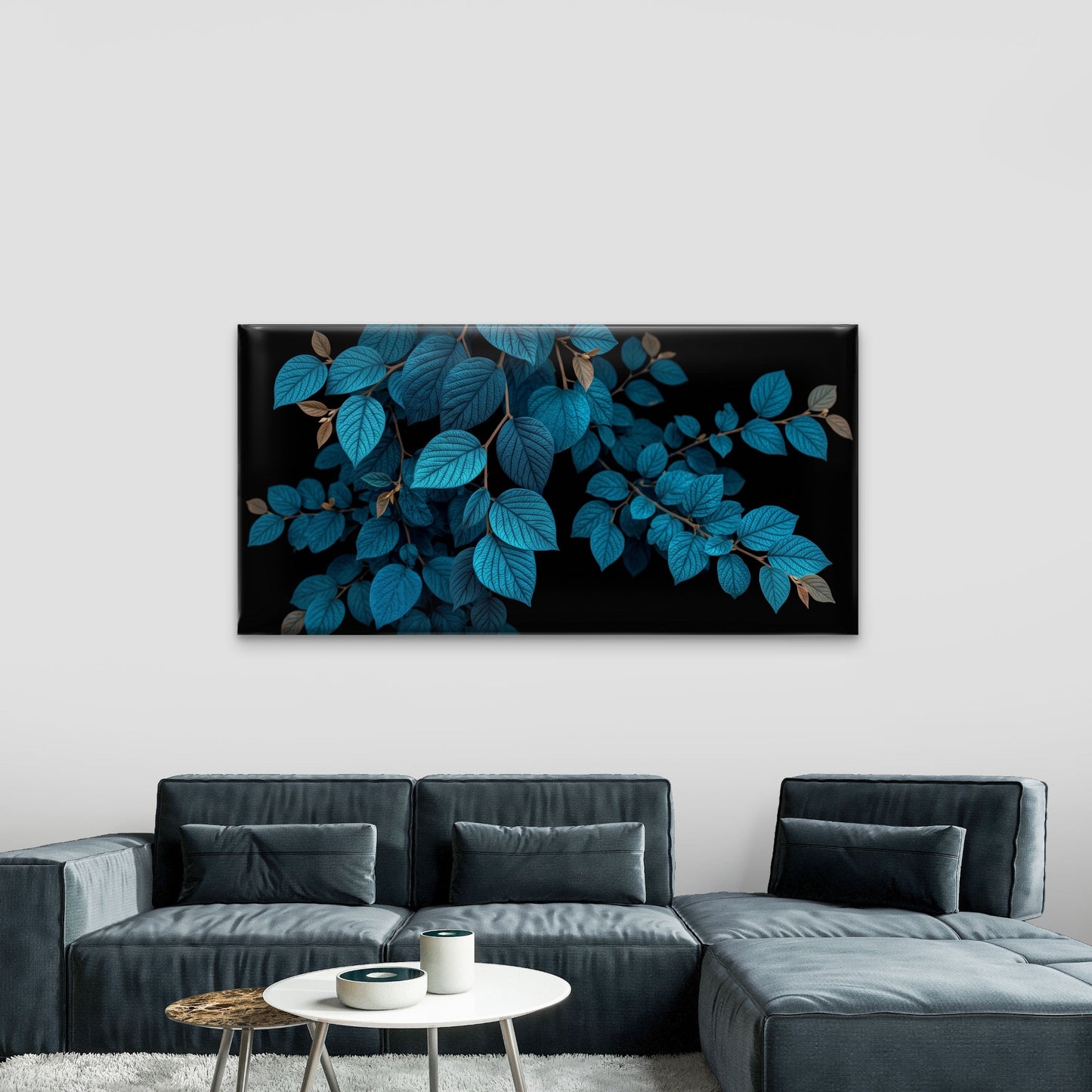 Dark Moody Blue Teal Leaves Foliage Wall Art Canvas Office Home Framed 120x60cm