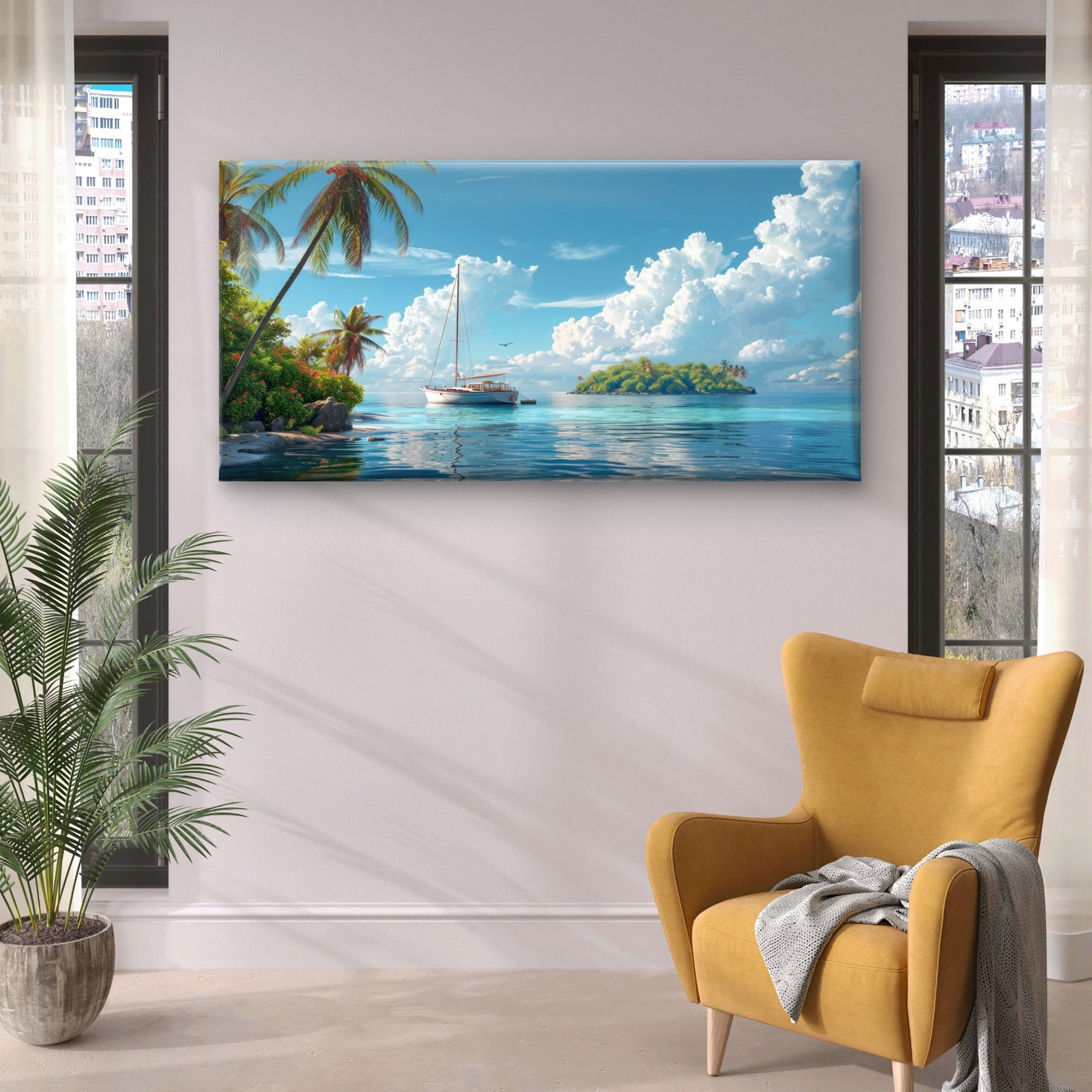 Tropical Island Sailboat Trees Wall Art Canvas Office Home Room Framed 120x60cm