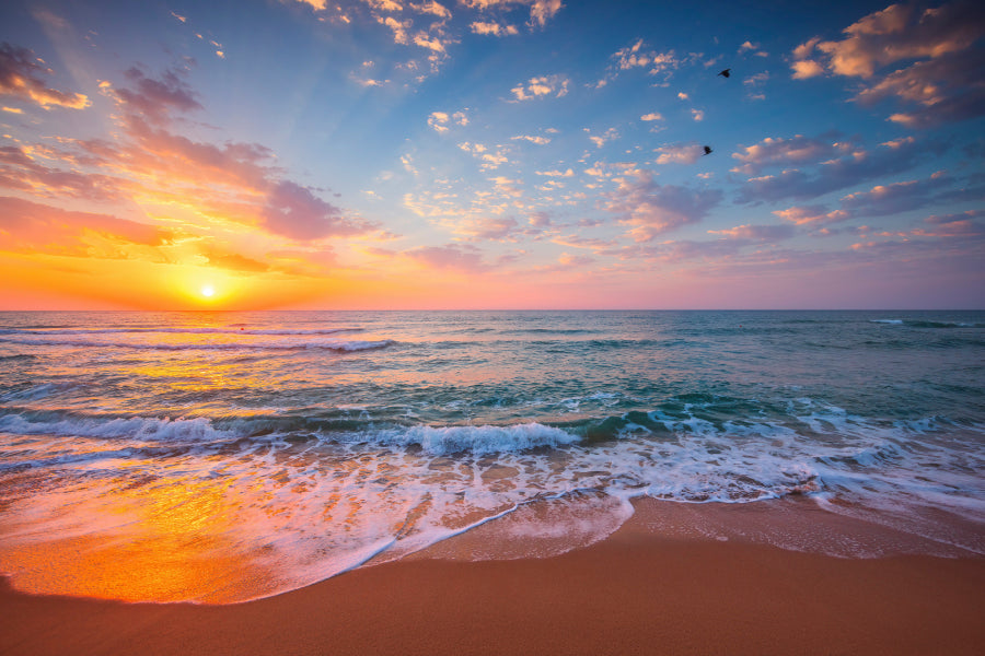 Tropical Color Island Beach Sunrise with Splashing Waves on The Sea Sand Acrylic Glass Print Tempered Glass Wall Art 100% Made in Australia Ready to Hang - Bella Home Decor
