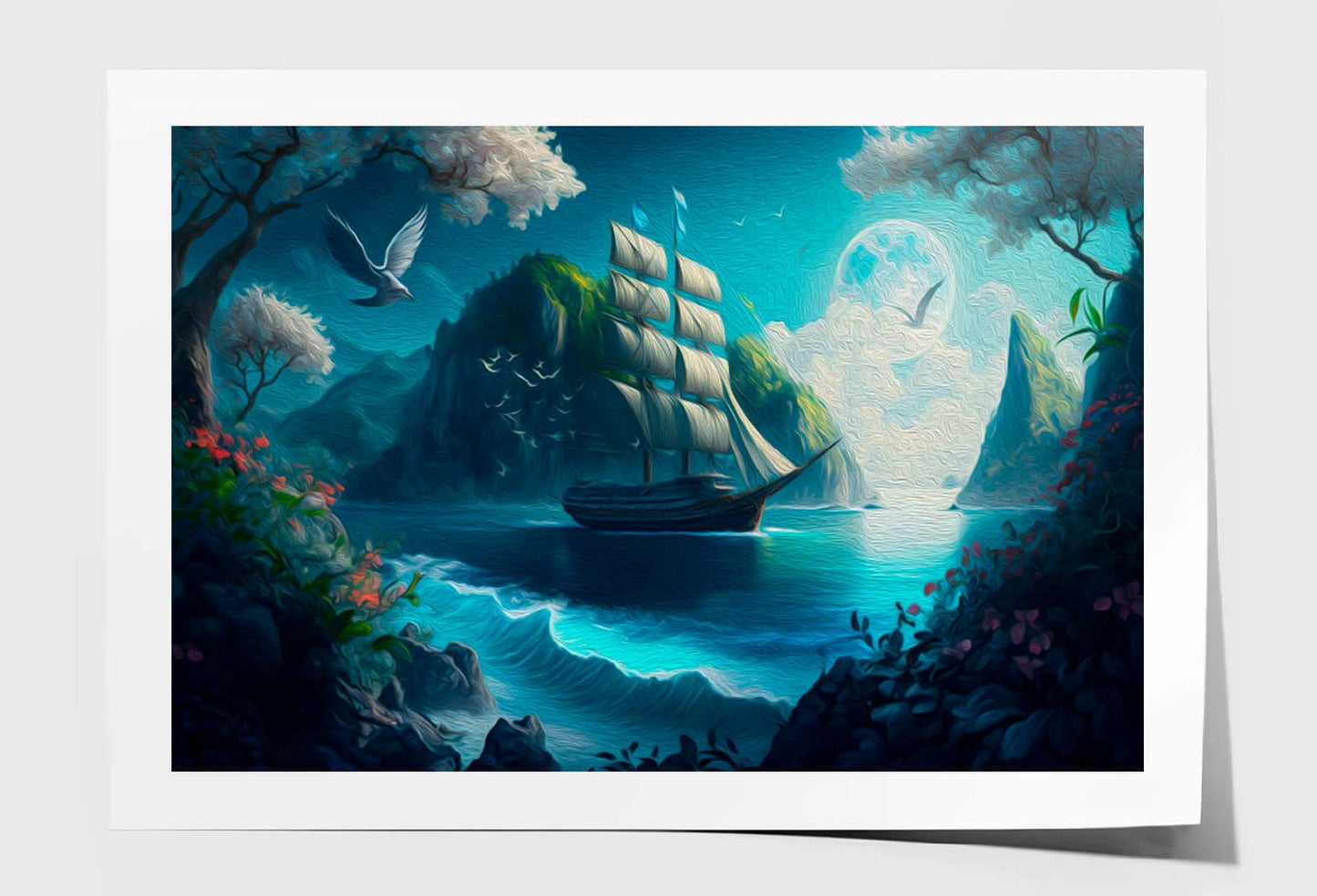 Sailing Boat in Sea and A Bird, Colorful Flowers, Mountain Wall Art Limited Edition High Quality Print Unframed Roll Canvas None