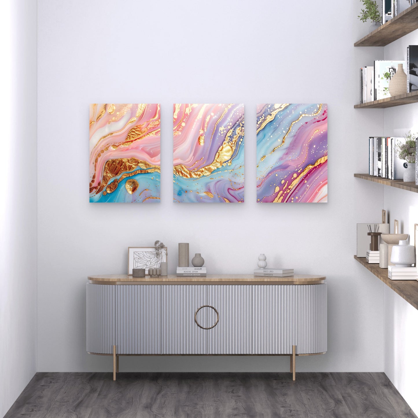3pcs Glitter Pop Background with Colorful Marble Metal Print Ready to Hang Art