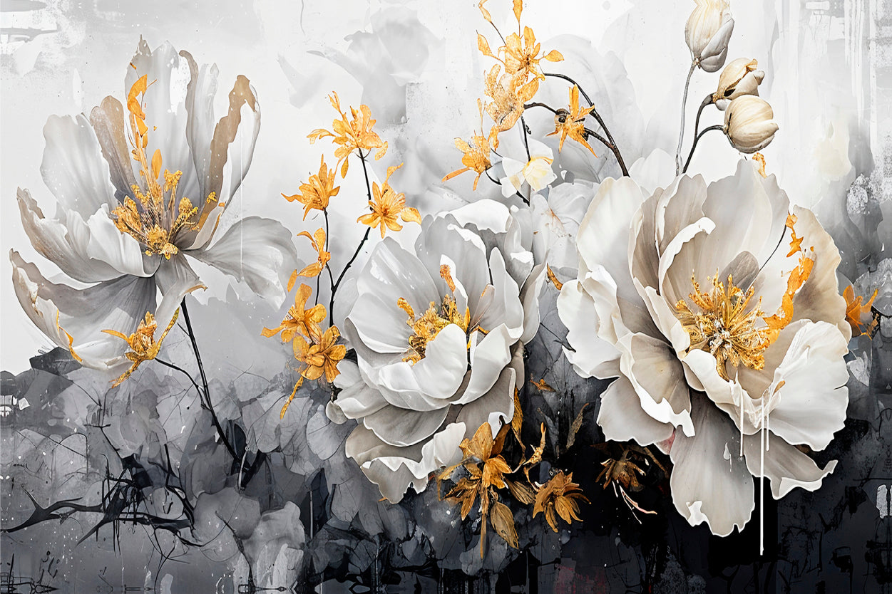 Black Golden Touched White Flowers Wall Art Decor 100% Australian Made