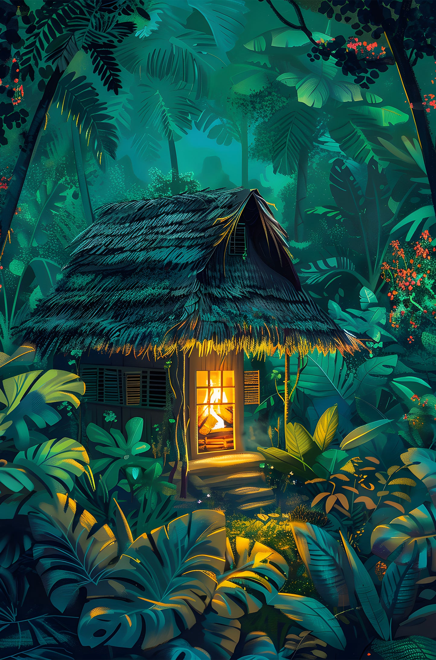Rainforest Cottage Tropical Hut 40x60cm Metal Print Ready to Hang