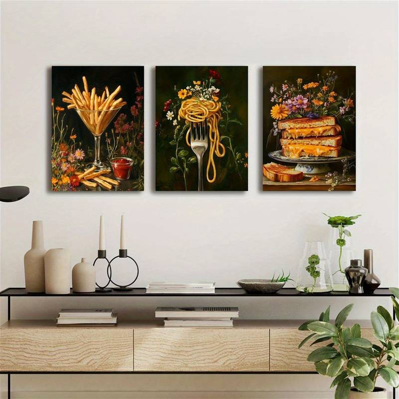 3pcs Still Life of Fries Ramen Grilled Cheese Plants Metal Print Ready to Hang Art