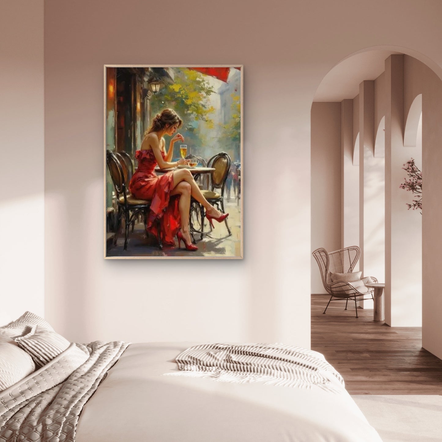 Red Dress Woman at Café Table Fashion Home Decor Premium Quality Poster Print Choose Your Sizes