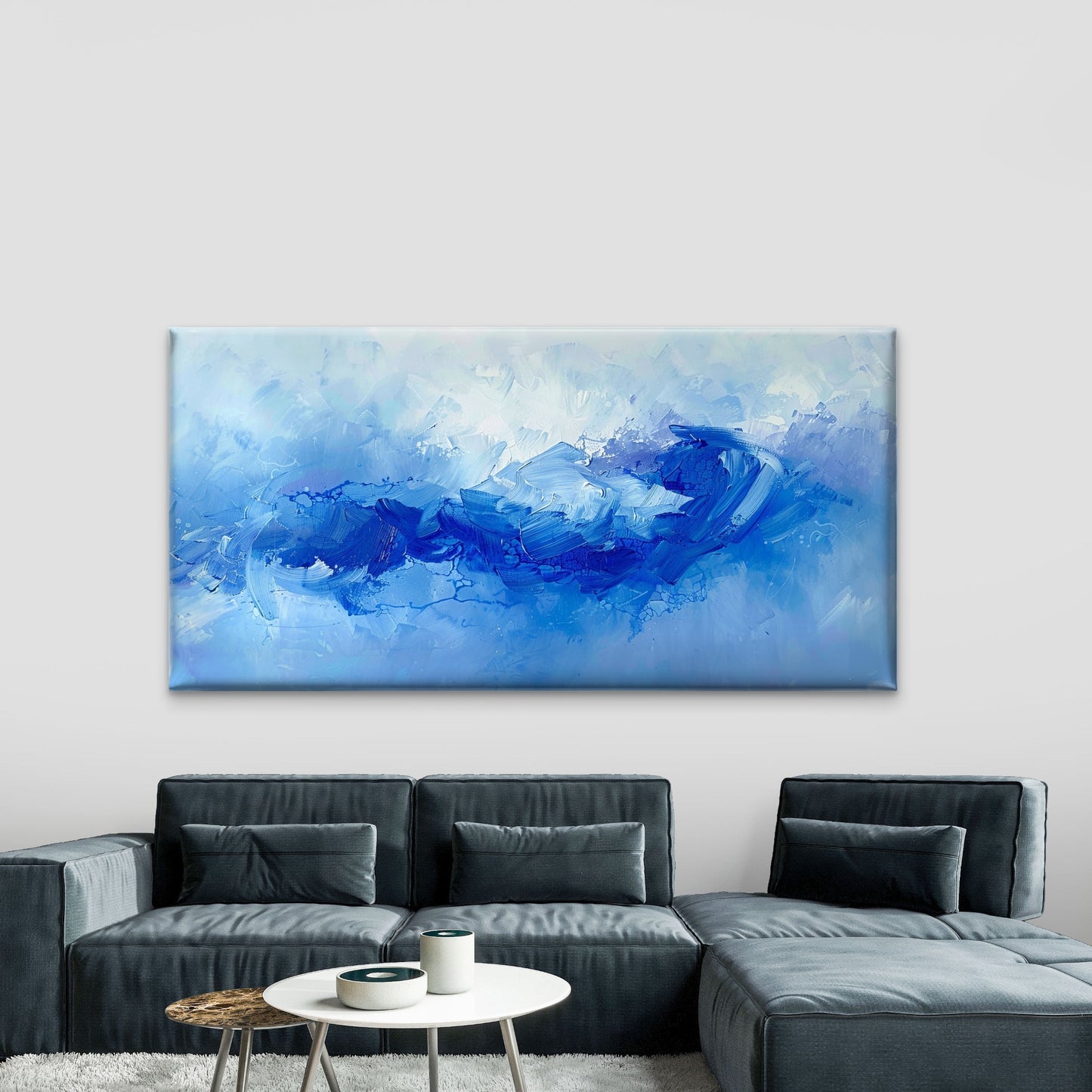 Blue Wave One Art Wall Art Canvas Office Home Room Framed 120x60cm