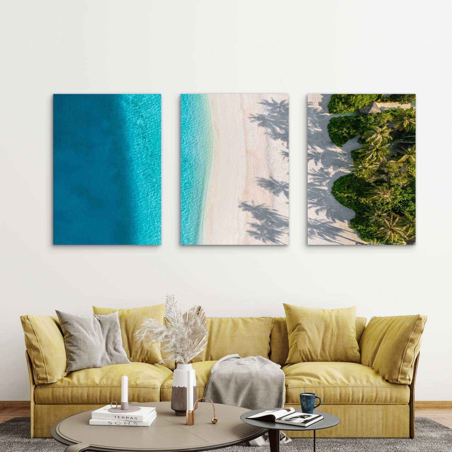 3pcs Palm Shadows on White Sand Beach Metal Print Ready to Hang Art