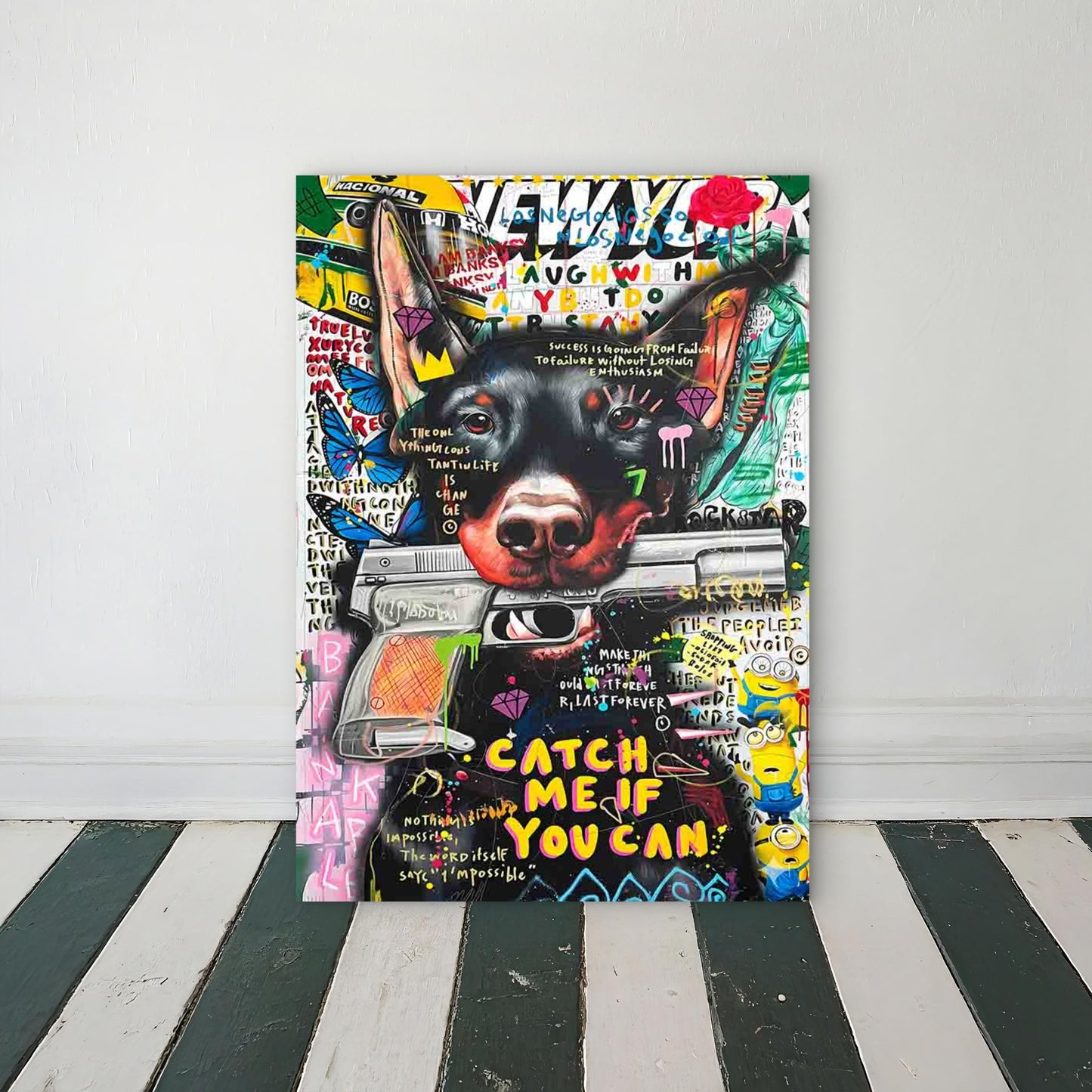 Graffiti Doberman Gripping Weapon 40x60cm Metal Print Ready to Hang