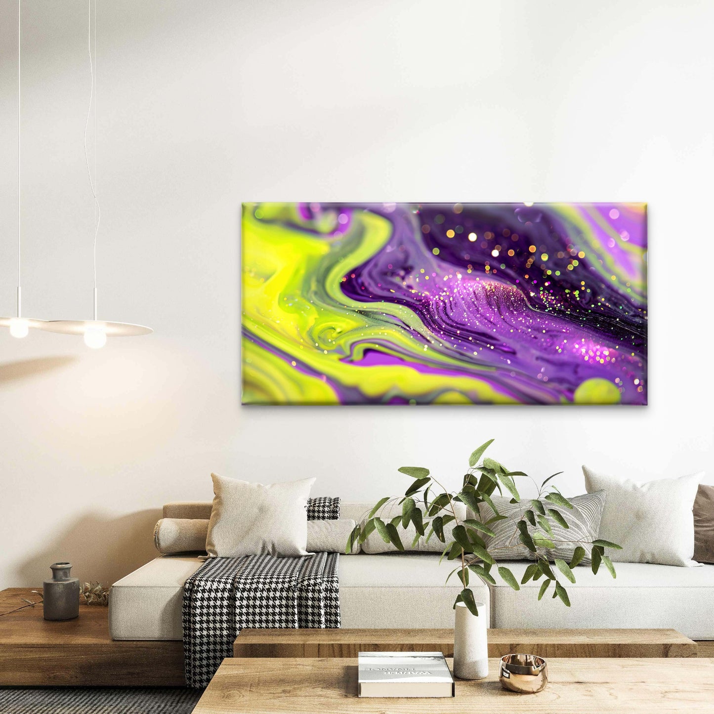 Neon Yellow Purple Hues Wall Art Canvas Office Home Room Framed 120x60cm - Bella Home Decor