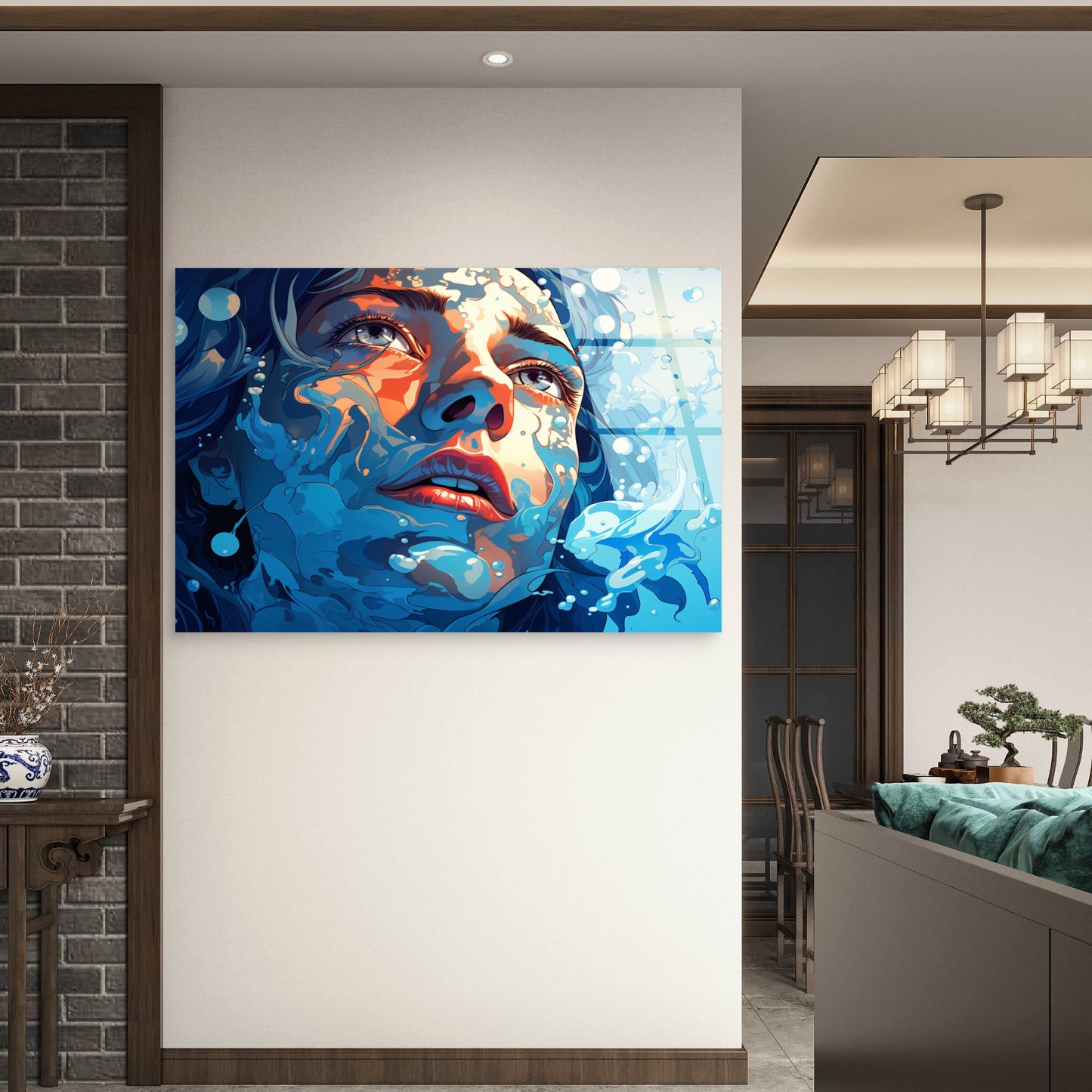 Vibrant Blue Orange Mermaid Girl Swim Acrylic Glass Printing Wall Art Australian Made Quality