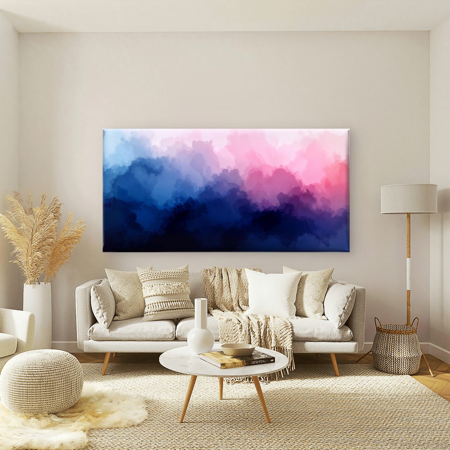 Pink Blue Watercolor Clouds Wall Art Canvas Office Home Room Framed 120x60cm - Bella Home Decor