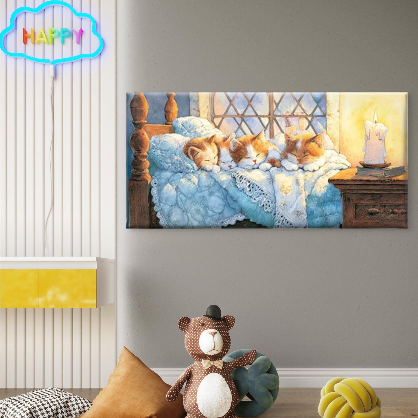 Sleeping Kittens Wall Art - Cozy Bedroom Wall Art Canvas Office Home Room Framed 120x60cm