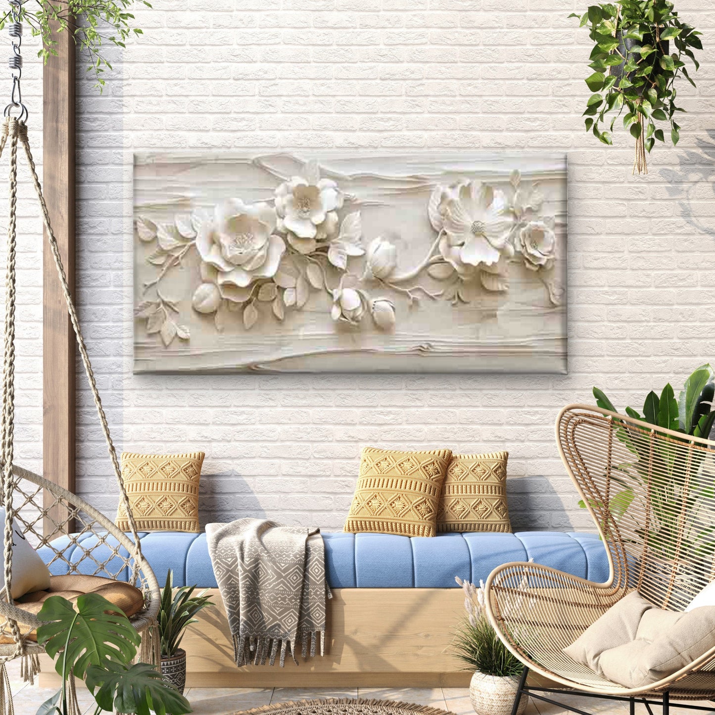 White Floral Relief Sculpture Wall Art Canvas Office Home Room Framed 120x60cm