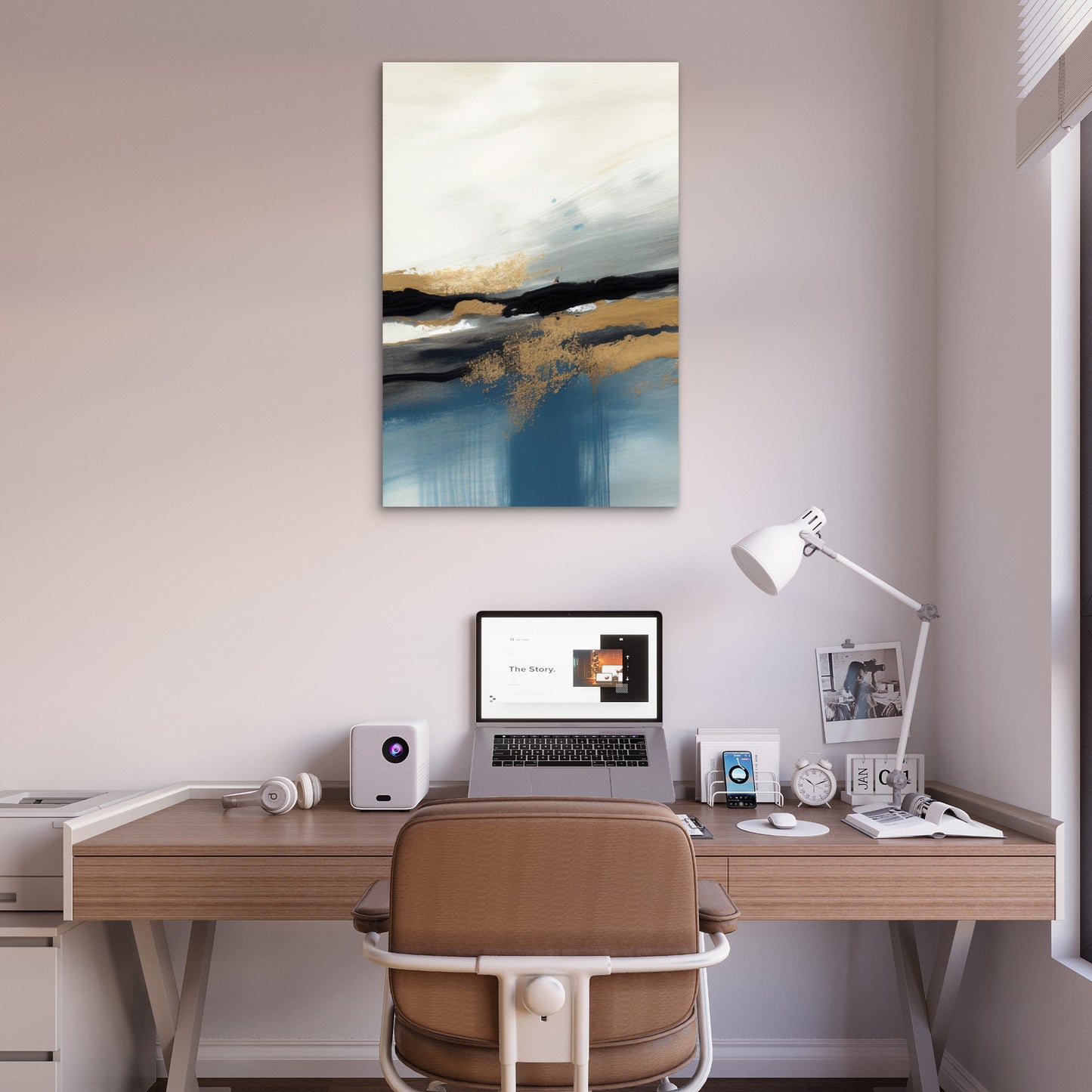 Modern Navy Blue Gold Foil Abstract Painting 40x60cm Metal Print Ready to Hang