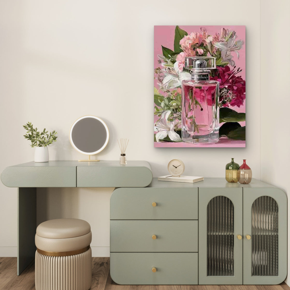 Light Pink Perfume Bottle Metal Print Ready to Hang