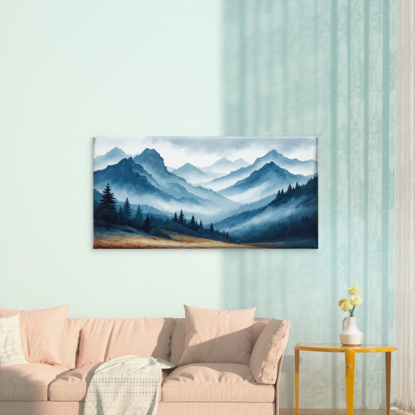 Misty Pine Forest Blue Mountain Wall Art Canvas Office Home Room Framed 120x60cm