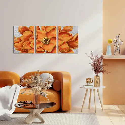 3pcs Orange and Golden Floral Giclee Wall Art Set Canvas Unframed - High Quality Print 100% Australian Made Wall Canvas
