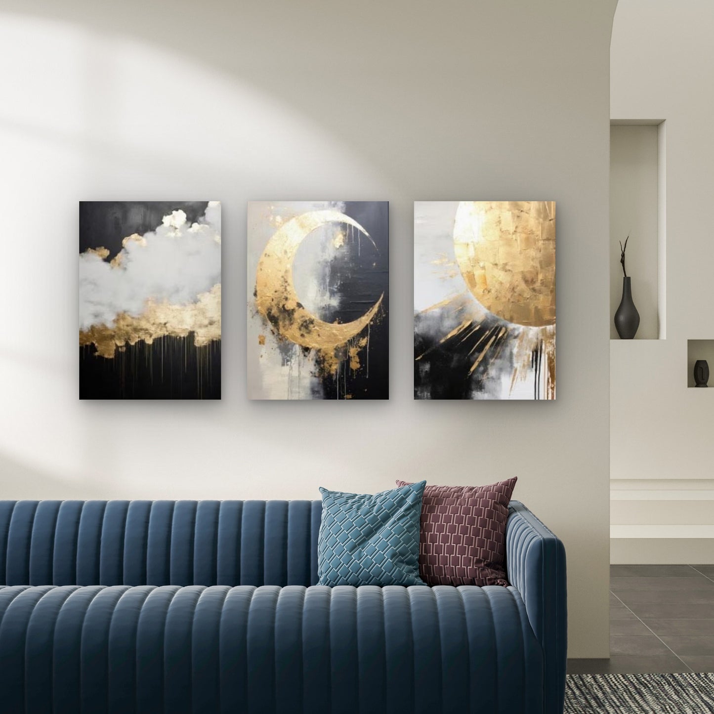 3pcs Abstract Gold Leaf Celestial Moon Sun Wall Art Set Canvas Framed 60x90cm - High Quality Print 100% Australian Made Wall Canvas Ready to Hang - Bella Home Decor