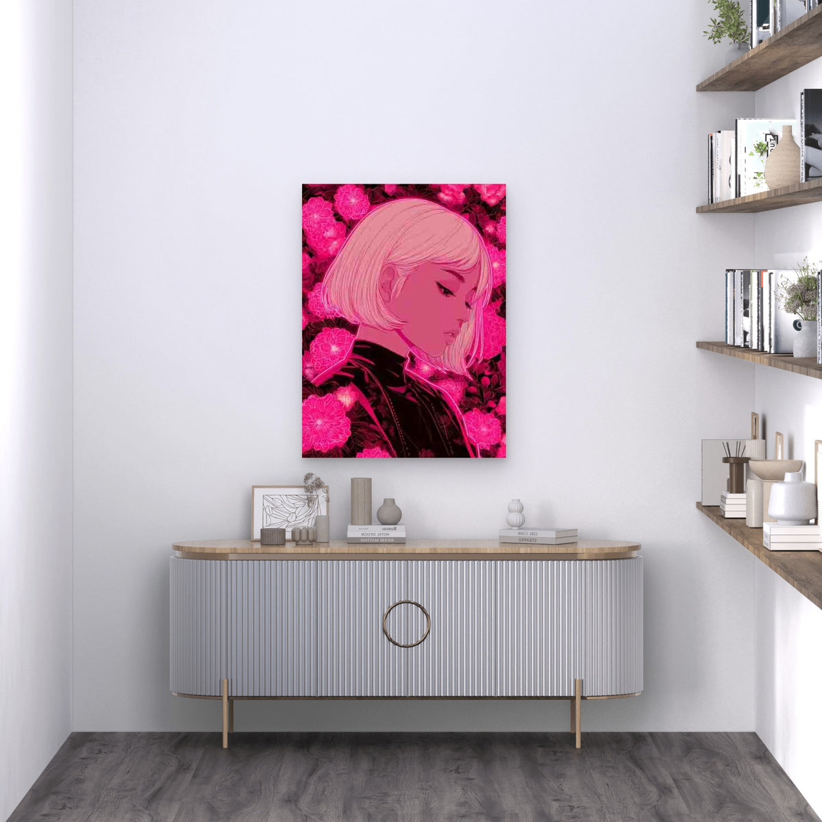 Neon Pink Floral Portrait Metal Print Ready to Hang