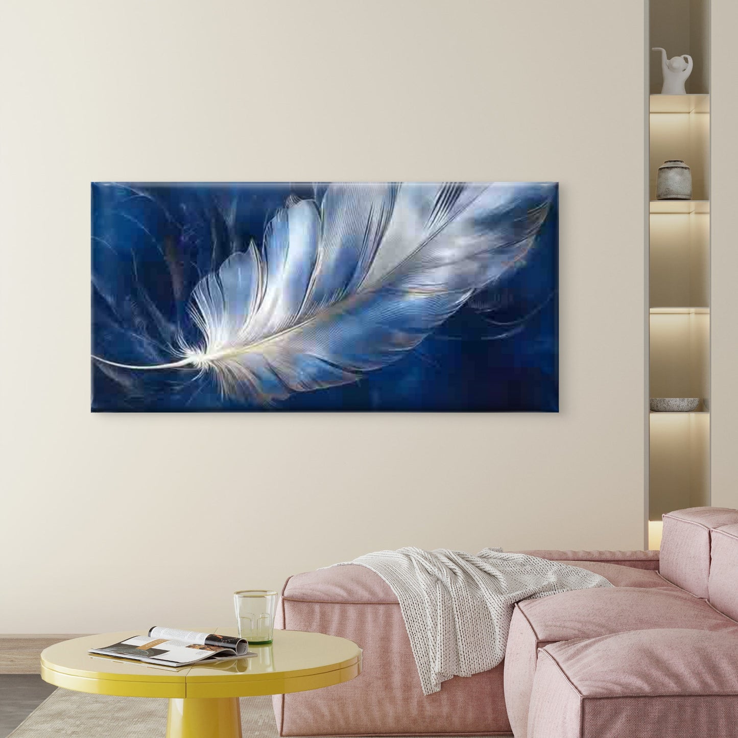 Blue And White Feather Wall Art Canvas Office Home Room Framed 120x60cm - Bella Home Decor