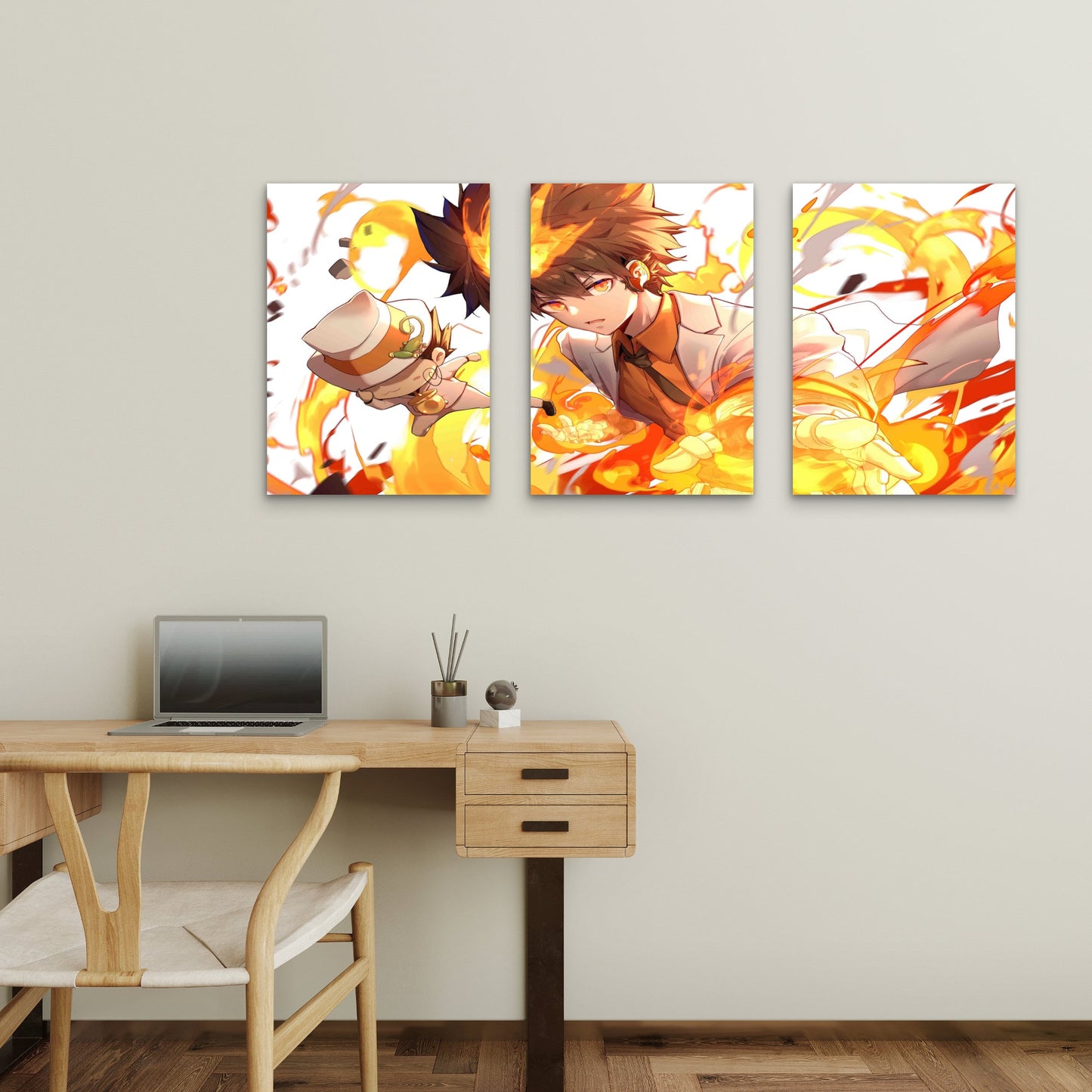 3pcs Kinetic Amber Inferno Monochrome Crimson Metal Print Ready to Hang Art