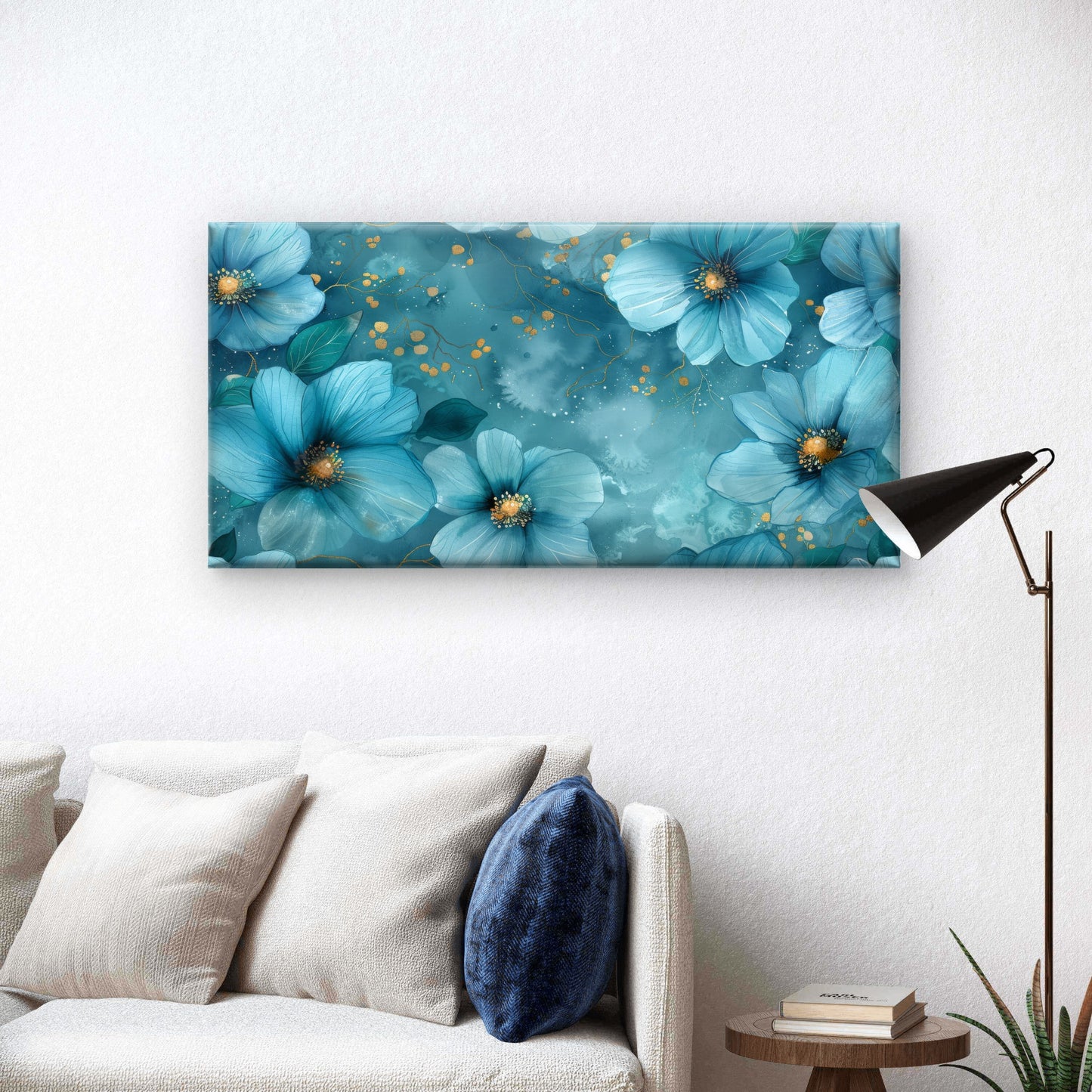 Blue Poppies Gold Dust Painting Wall Art Canvas Office Home Framed 120x60cm