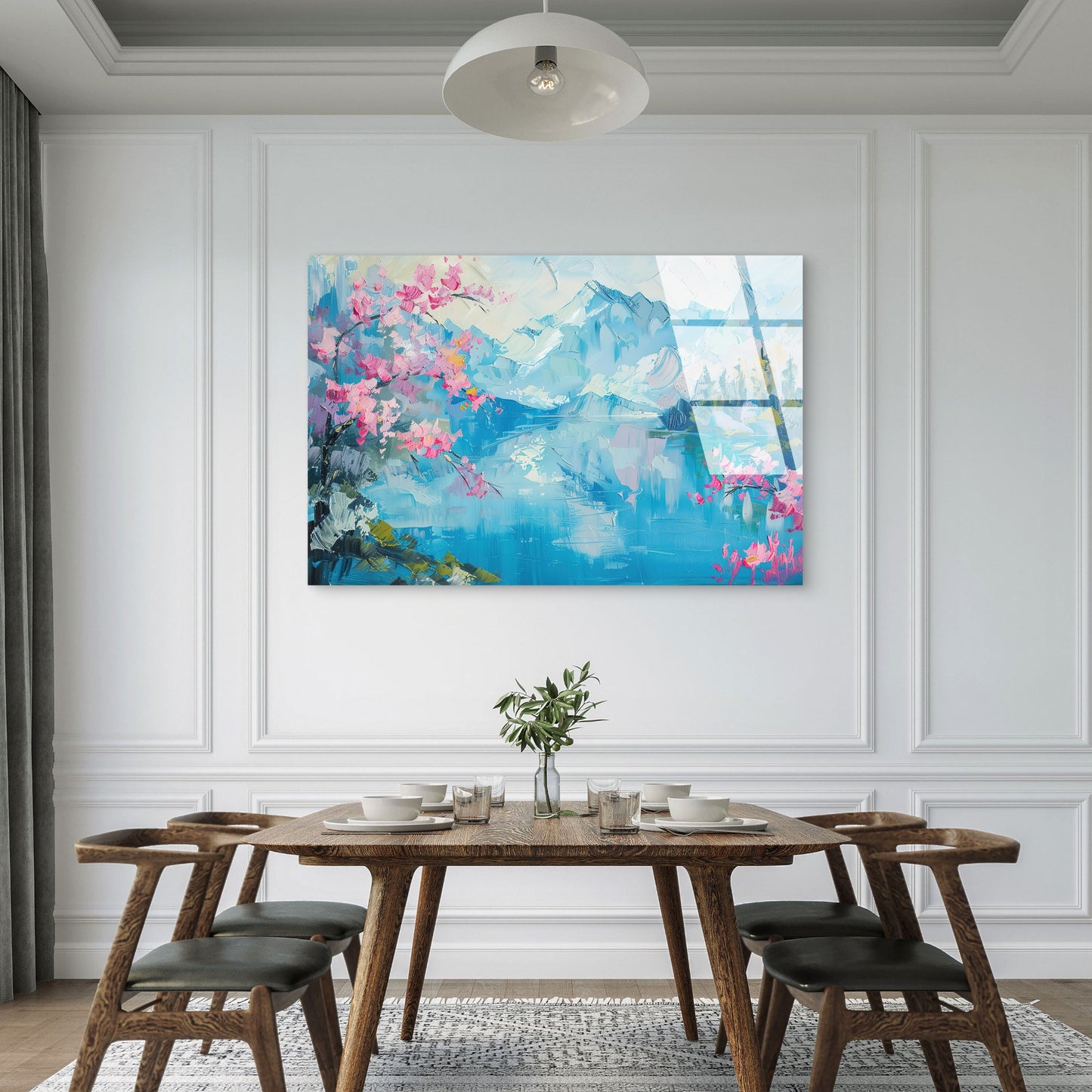 Mountain Lake Cherry Blossom Glass Printing Wall Art Australian Made Quality