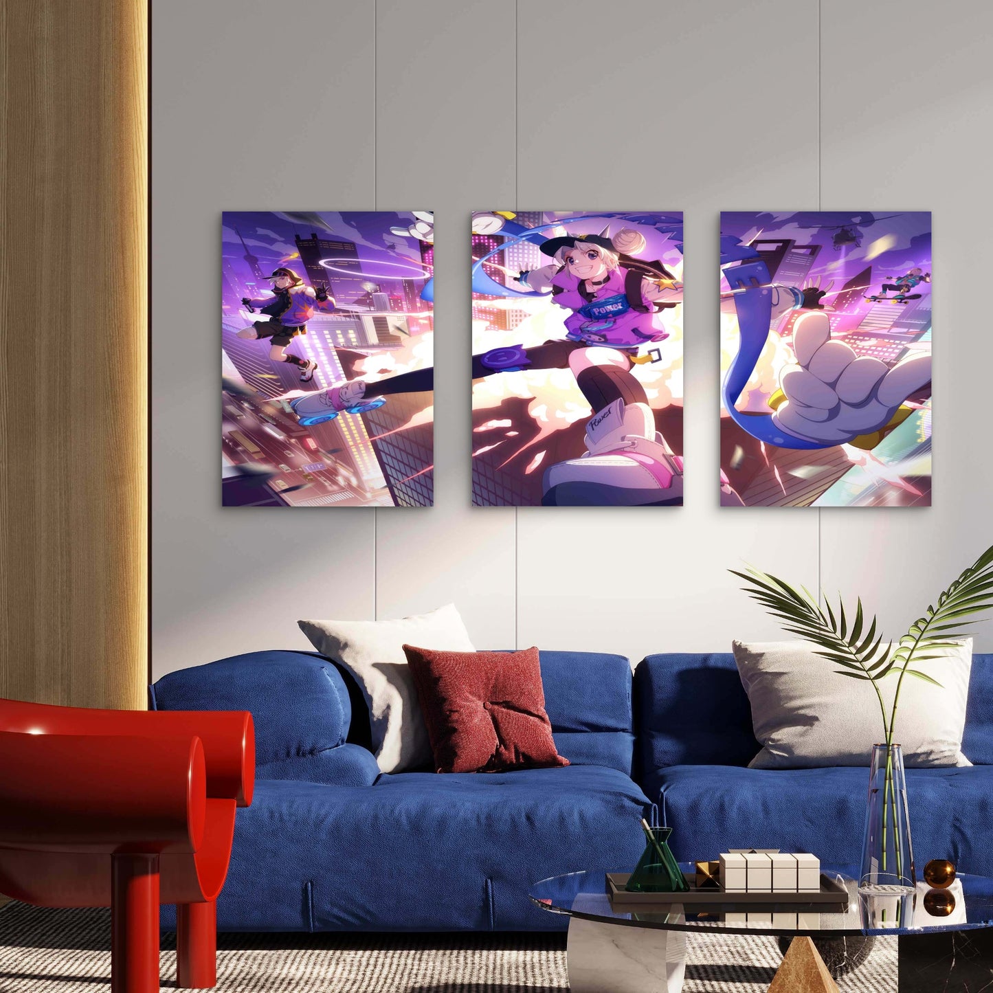 3pcs Roller Skates Cyberpunk Neon City Skyline Metal Print Ready to Hang Art