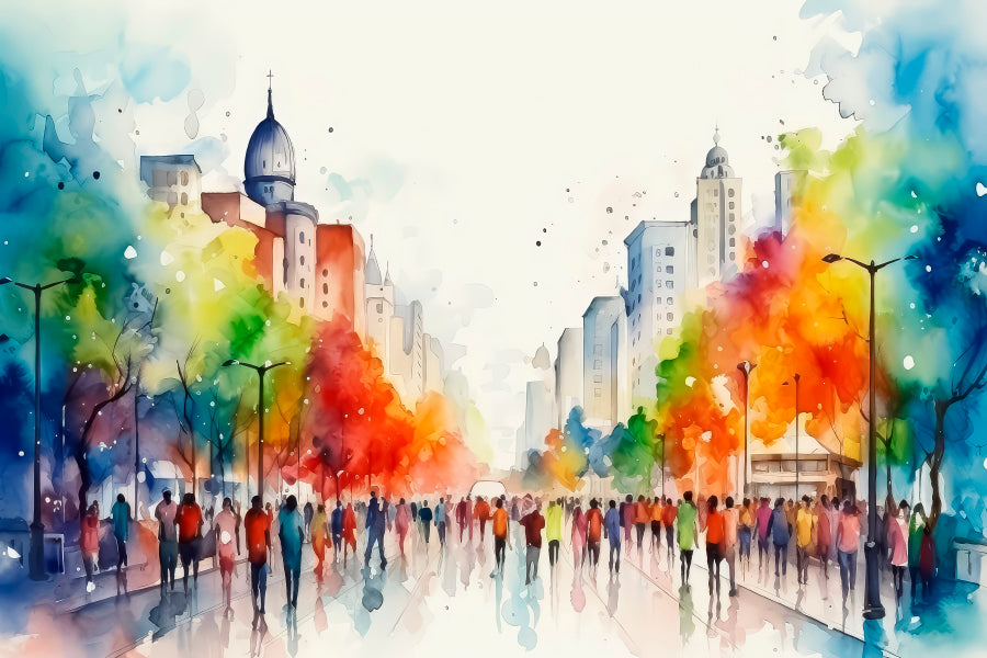 Jazzy, Lively, Colorful Water Color Painting of a Downtown City Acrylic Glass Print Tempered Glass Wall Art 100% Made in Australia Ready to Hang - Bella Home Decor