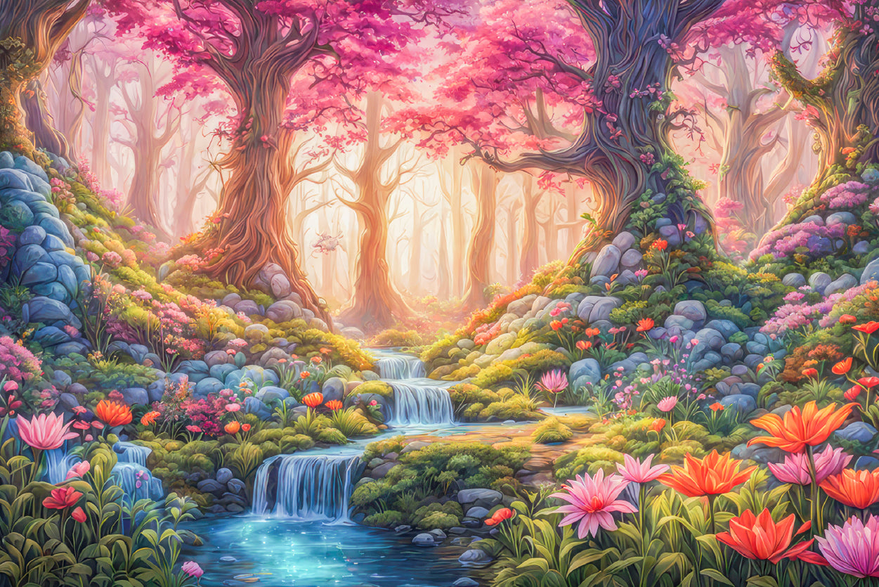 A Painting of a Garden with a Waterfall & Flowers Home Decor Premium Quality Poster Print Choose Your Sizes - Bella Home Decor