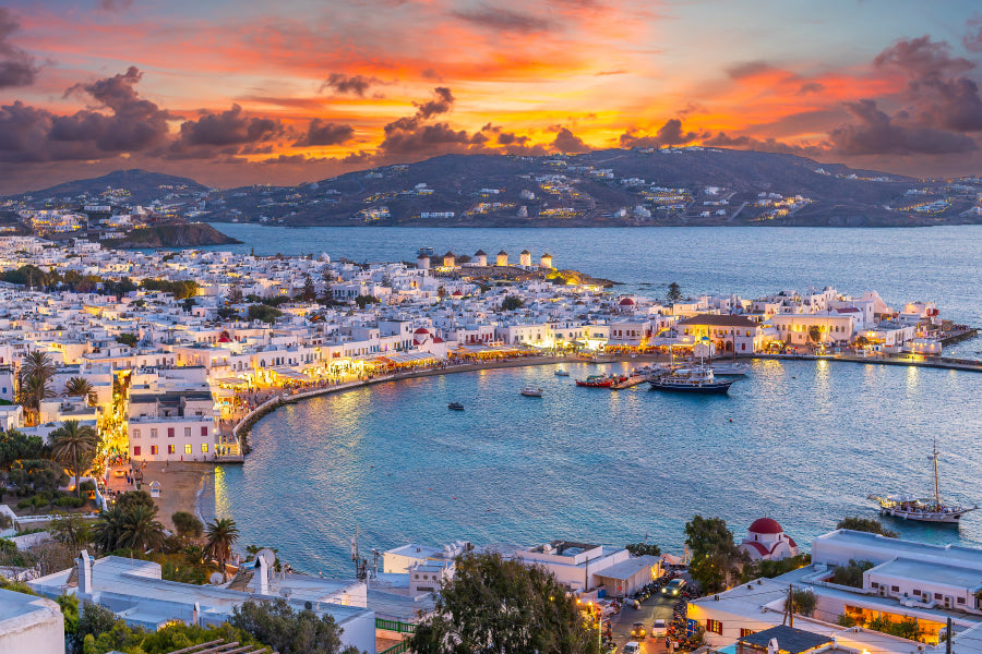 Embrace The Warm Hues of Sunset in Mykonos Town Chora Acrylic Glass Print Tempered Glass Wall Art 100% Made in Australia Ready to Hang - Bella Home Decor