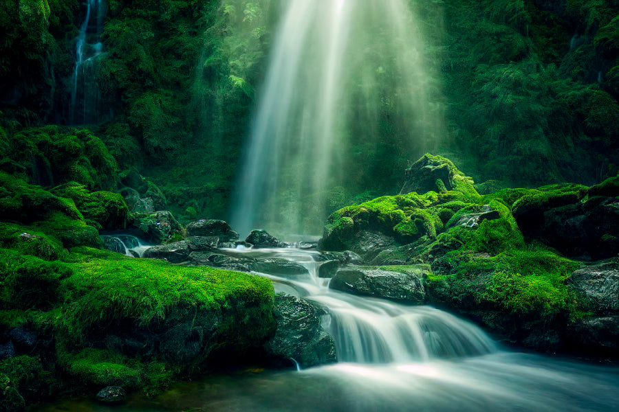 Natural Waterfall with Rocks and Green Moss Acrylic Glass Print Tempered Glass Wall Art 100% Made in Australia Ready to Hang - Bella Home Decor